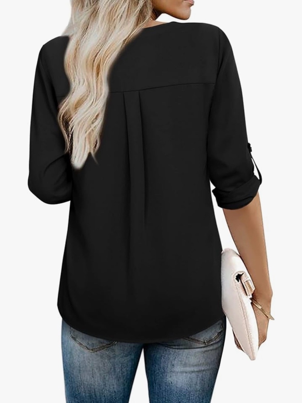Youtalia Black Roll Tab Blouse Office Chic Dressy Minimalist Medium - Picture 2 of 8